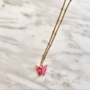 🎉 New Bright Pink Butterfly Adjustable Gold Plated Necklace